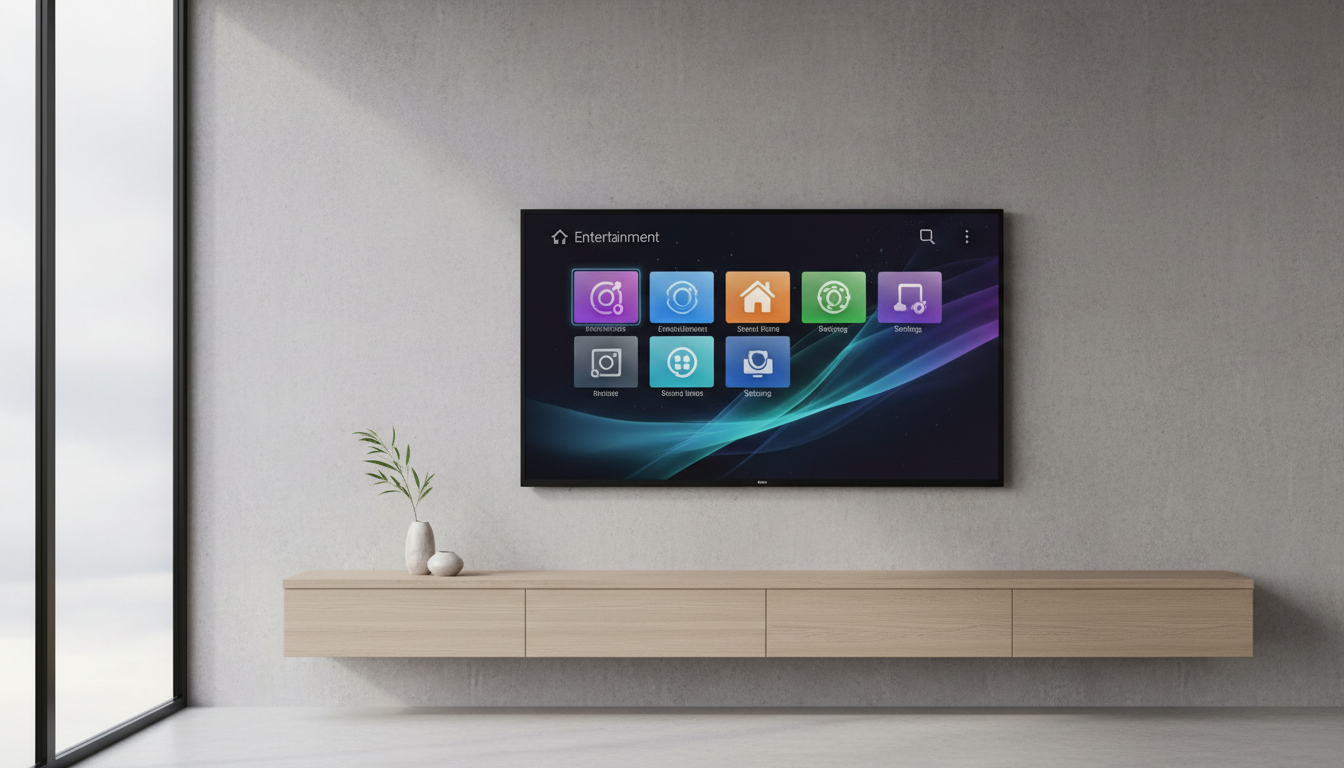 An ultra-slim, frameless smart television with a matte black finish, displayed against a muted concrete accent wall above a floating wooden credenza. The screen showcases a vibrant, high-resolution home interface. Gentle overcast daylight filters through expansive glass windows, softly illuminating the space and creating delicate reflections along the TV's edges. The composition uses the rule of thirds from a slightly off-center angle, emphasizing the seamless integration of technology into modern living. The vibe is serene, sophisticated, and uncluttered, in perfect harmony with high-end electronics style.