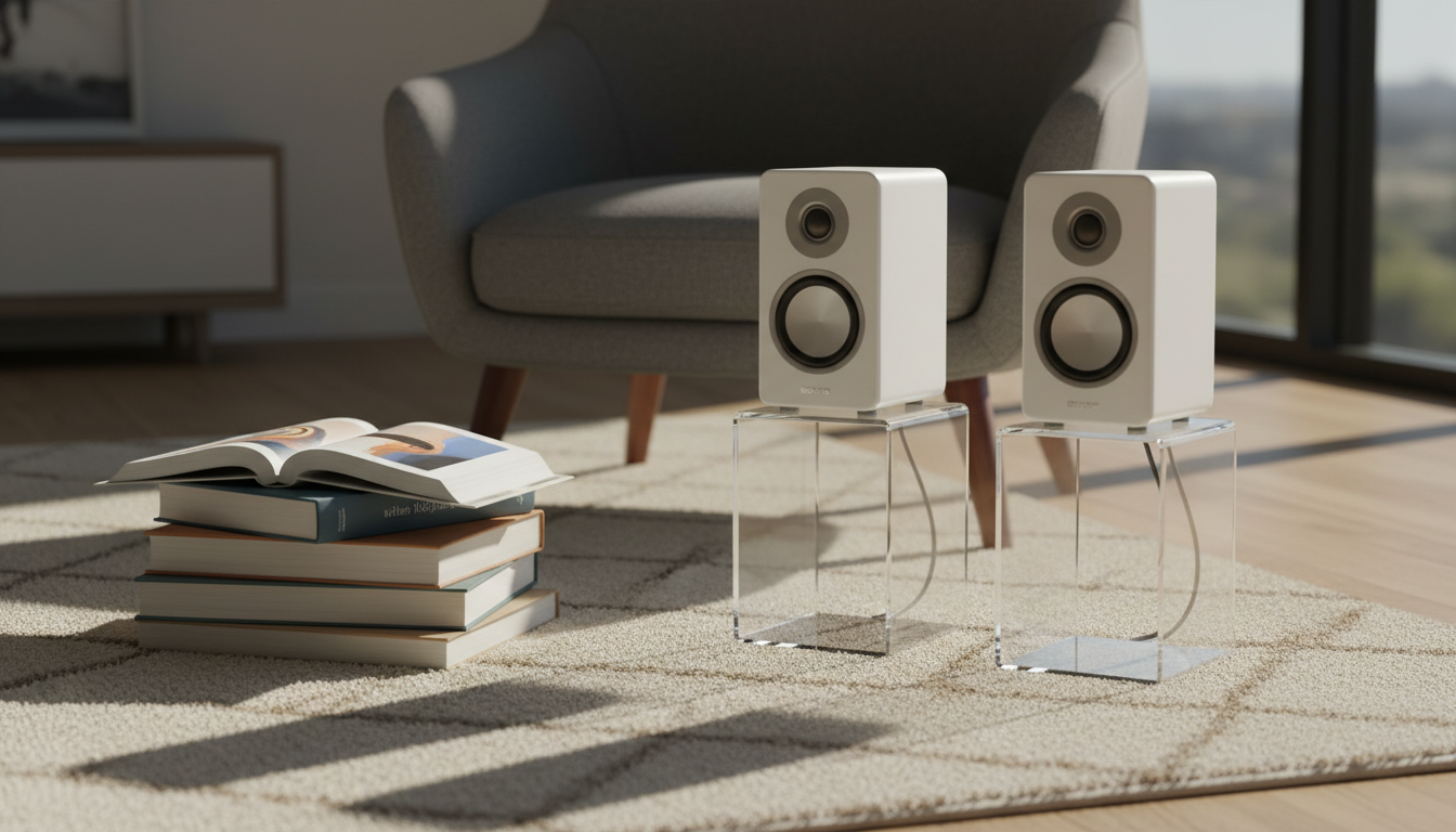 A pair of matte white wireless bookshelf speakers with anodized aluminum detailing, perched on minimalist acrylic stands beside a stack of artfully arranged hardcover books in a sunlit reading nook. The setting includes a textured wool area rug and a low, modern armchair, with indirect morning sunlight casting elongated, soft shadows across the space. Captured in a slightly elevated shot with a shallow depth of field, the composition draws focus to the speakers’ design and placement. The mood is cozy yet refined, blending advanced audio technology with upscale home decor in a clean, modern style.